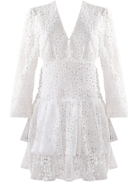 Harlow G Tua Blanca Mini Dress featuring floral broderie anglaise deep V neckline and softly flared silhouette
