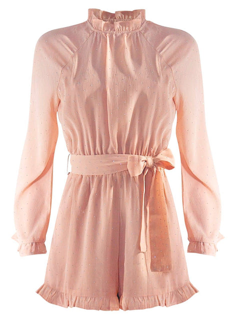 Harlow G Brooklyn Lights Playsuit pink playsuit with frill neckline waist tie long sleeves and relaxed silhouette