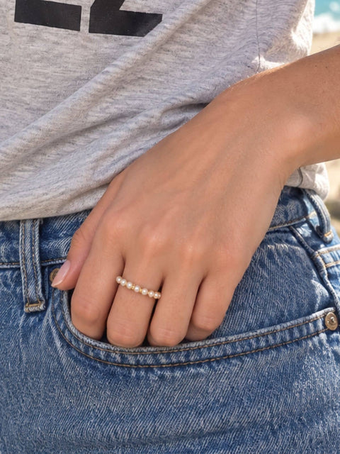 gold ring with white pearls set around in a halo finish around the gold band