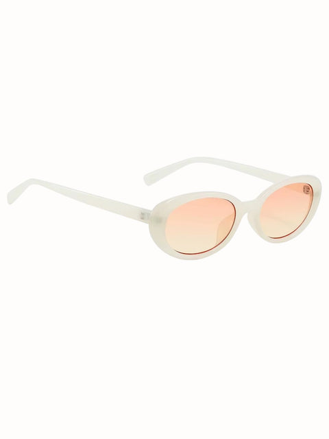 White cat eye frame sunglasses featuring peach coloured lenses