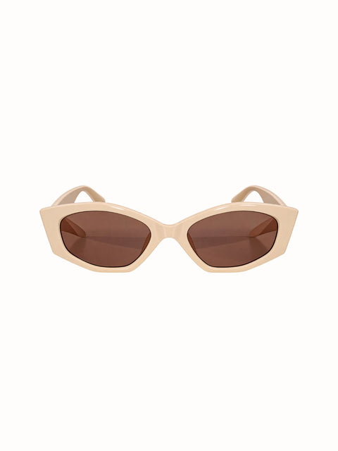 geometric cat-eye sunglasses with a light beige frame and light brown lenses