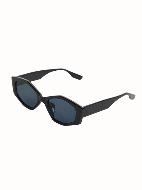 Black angular sunglasses with dark tinted lenses photographed from the side