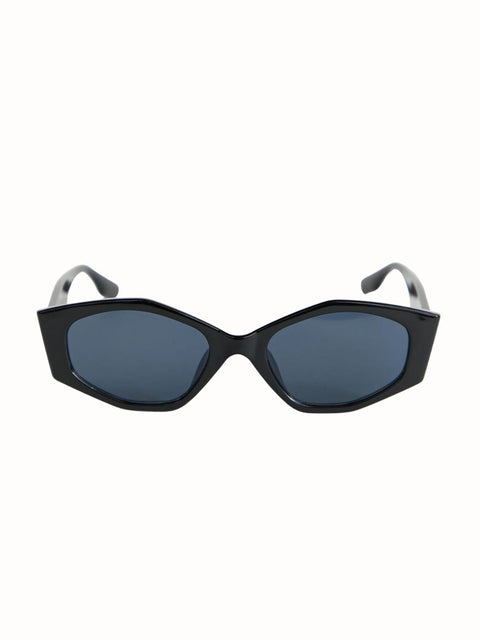 black geometric sunglasses with wide frames and dark lenses