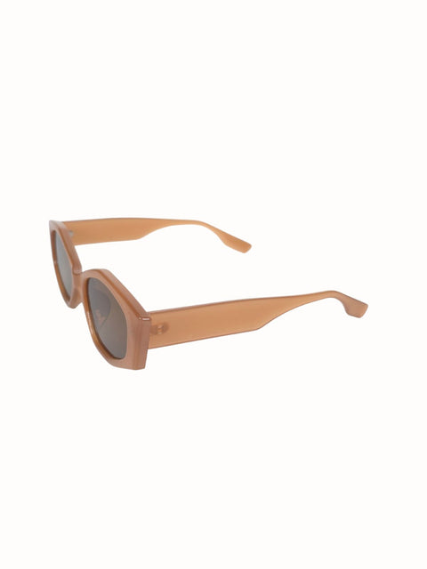 Translucent caramel angular frame sunglasses with brown lenses shown from the side